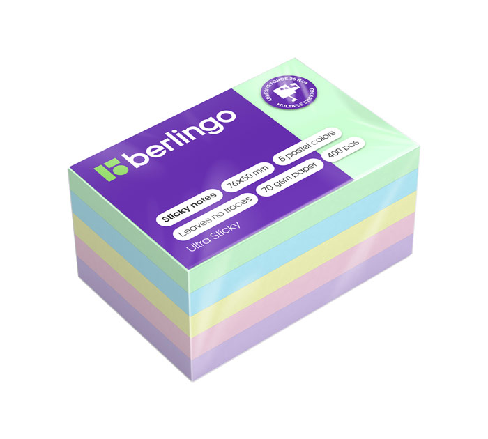 Стикеры 5 цв.пастель 75*50 400л. «Ultra Sticky» Berlingo