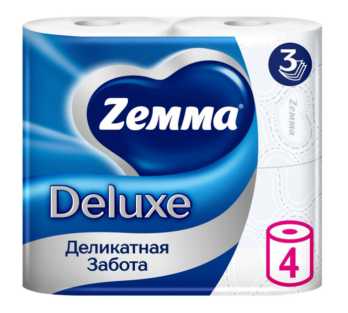 Туал.бум. 3-х слойн. 4рул. 18м Zemma Deluxe Деликатная забота со втулкой